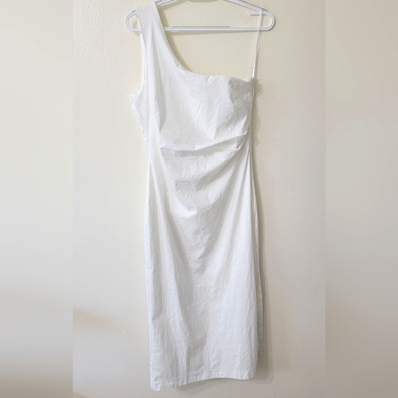 Lulu's Poised in Positano One-Shoulder Midi Dress Gathered Bodycon w/Side Slit - Picture 4 of 5